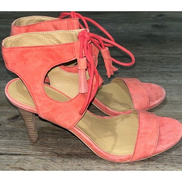 Lucky Brand Shoes - Lucky Brand Uzelia Coral Red Suede Ghillie Lace Up Caged Sandal Heels Size 8